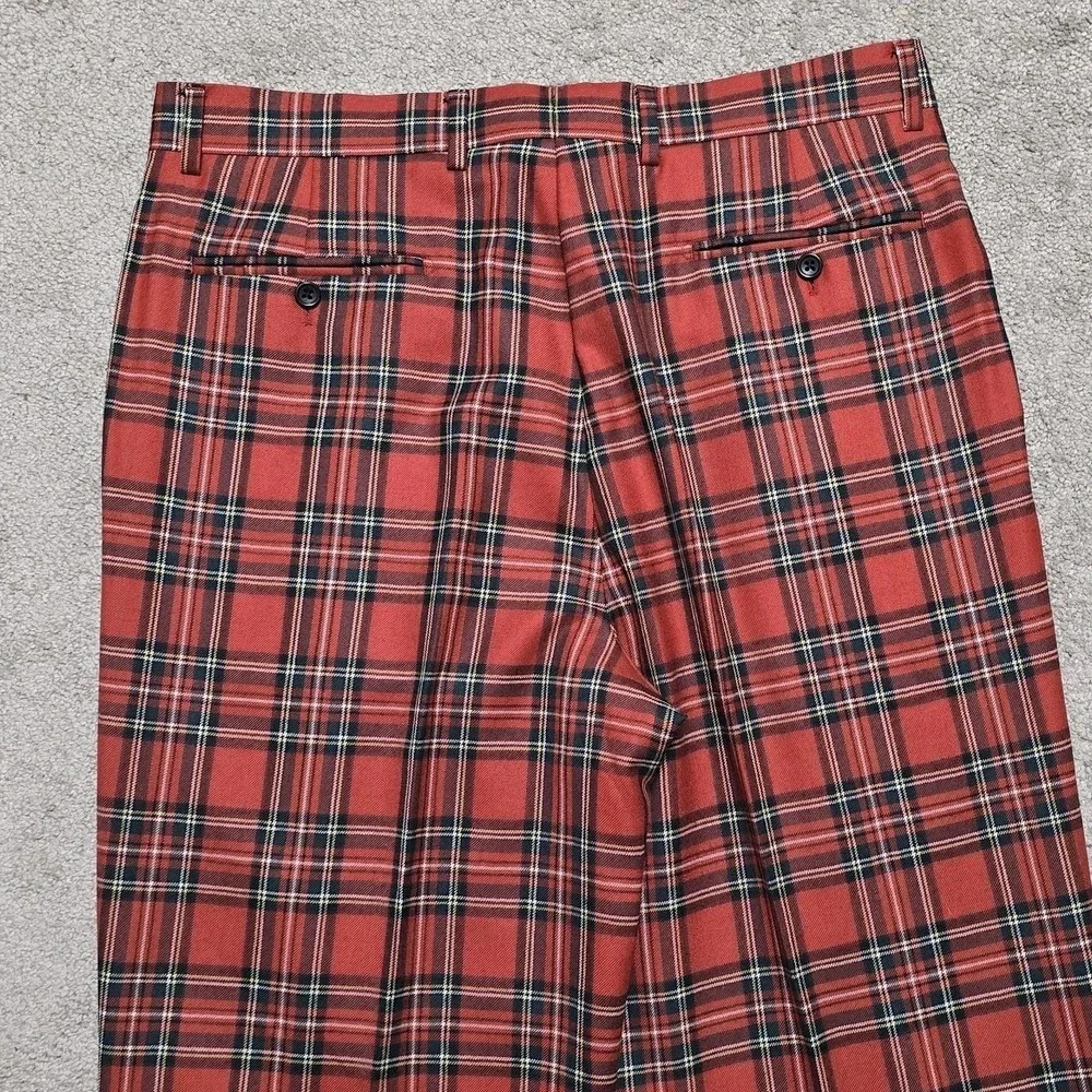 Paul Fredrick Vintage Red Tartan Plaid Wool Pants 35x32 Pleated Cuffed 80s